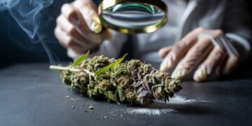 Suspicious cannabis buds with powdery residue and discoloration beside natural marijuana under dramatic forensic lighting.