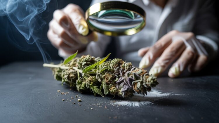 Suspicious cannabis buds with powdery residue and discoloration beside natural marijuana under dramatic forensic lighting.