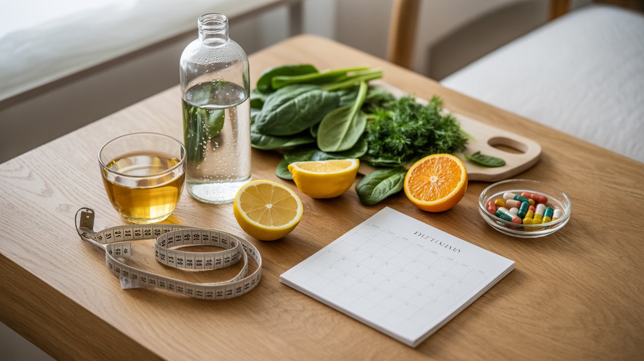 "Natural home detox setup with water, healthy foods, and wellness items supporting THC detox safely."