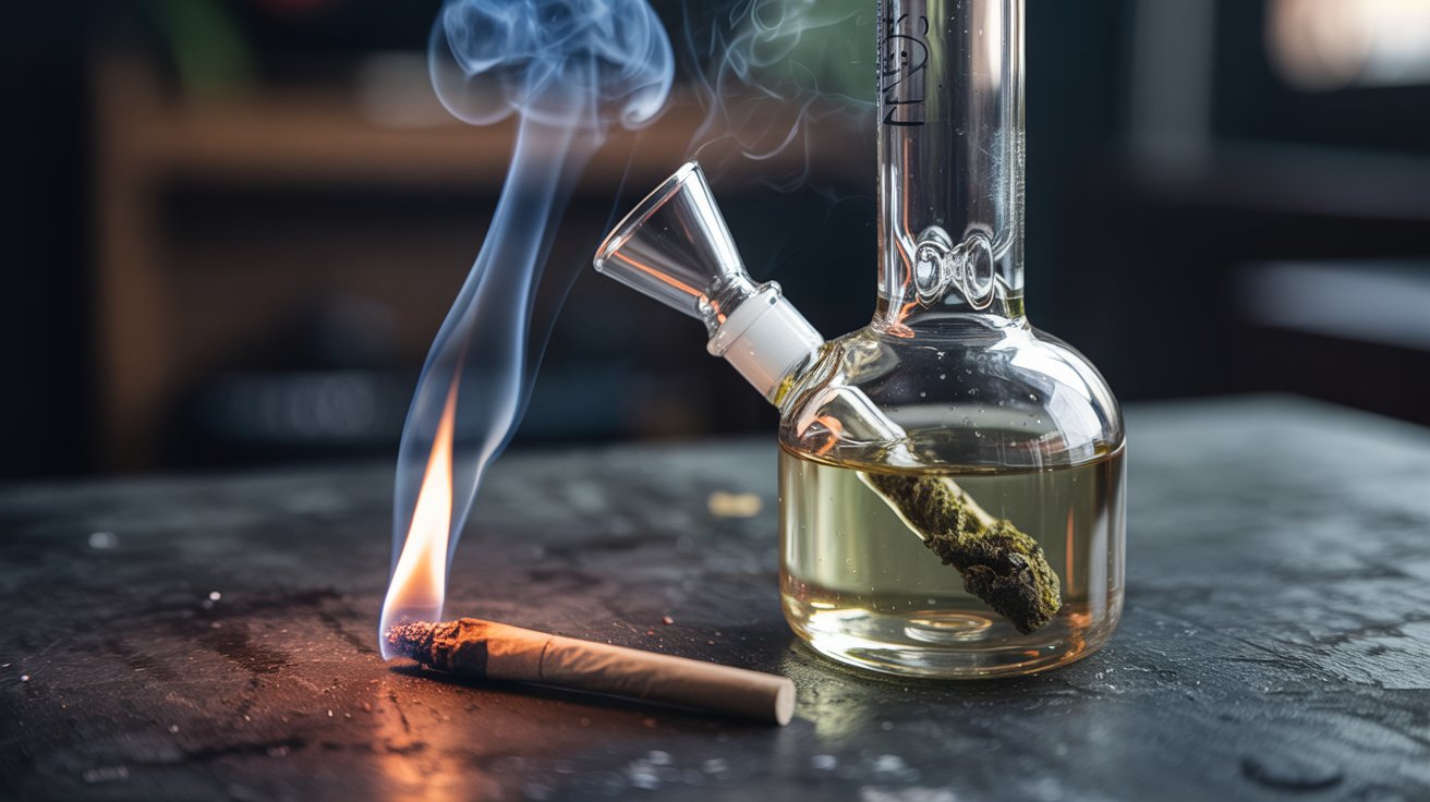 "Used glass bong and burning joint with rising smoke, illustrating tar, combustion, and harmful substances from cannabis smoking."