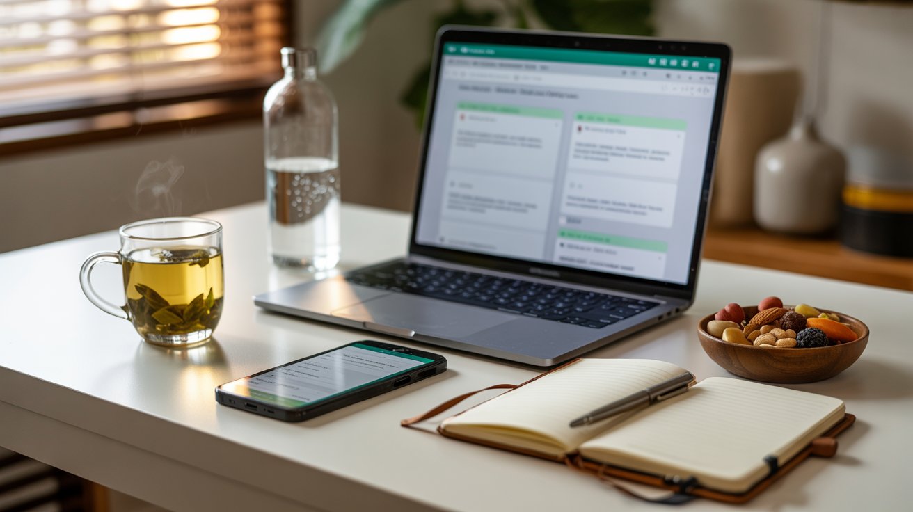 "Laptop and phone showing online cannabis detox discussions beside wellness items in a calm home setting."