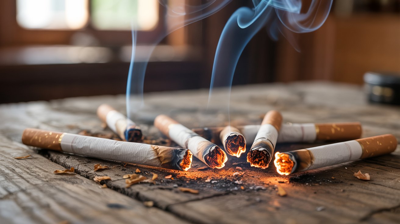 "Macro image of hand-rolled cigarettes showing uneven canoeing burns caused by inconsistent density and airflow, with smoke and cinematic lighting"