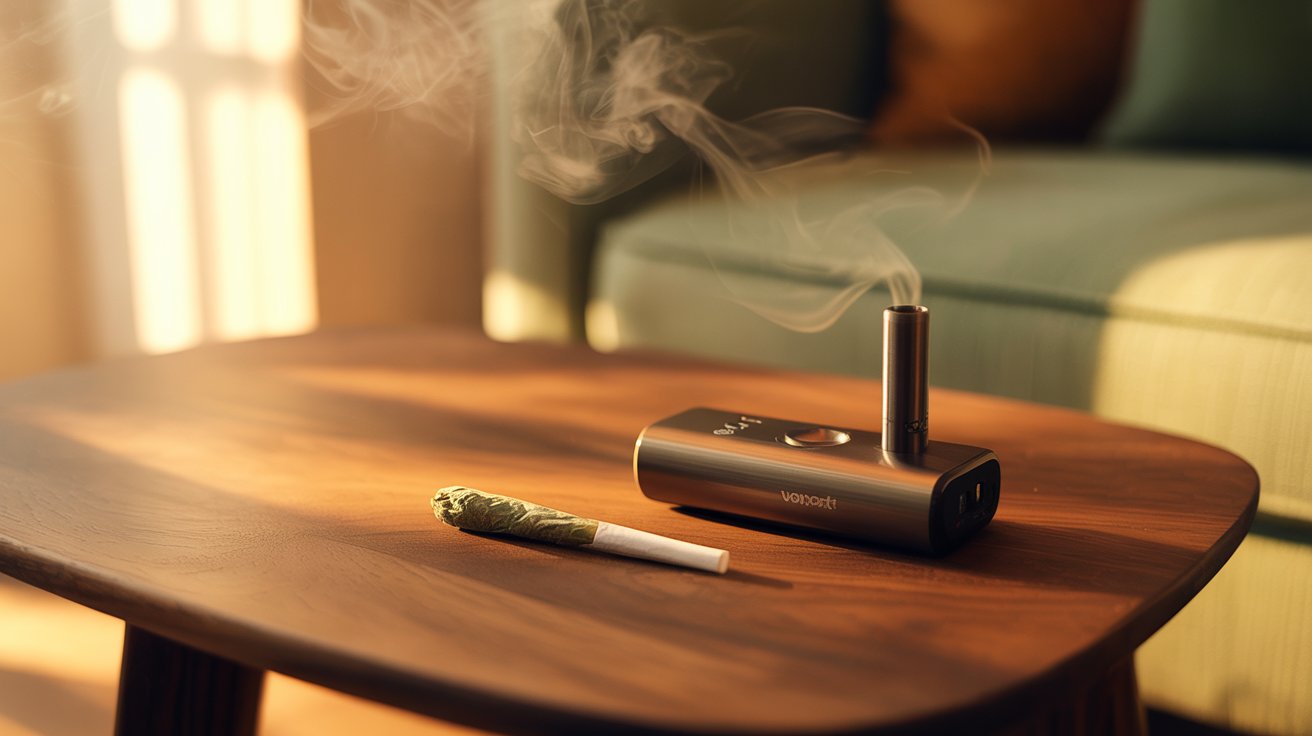 Cannabis smoke and vapor inhalation scene with vaporizer and joint in calm indoor environment displayed