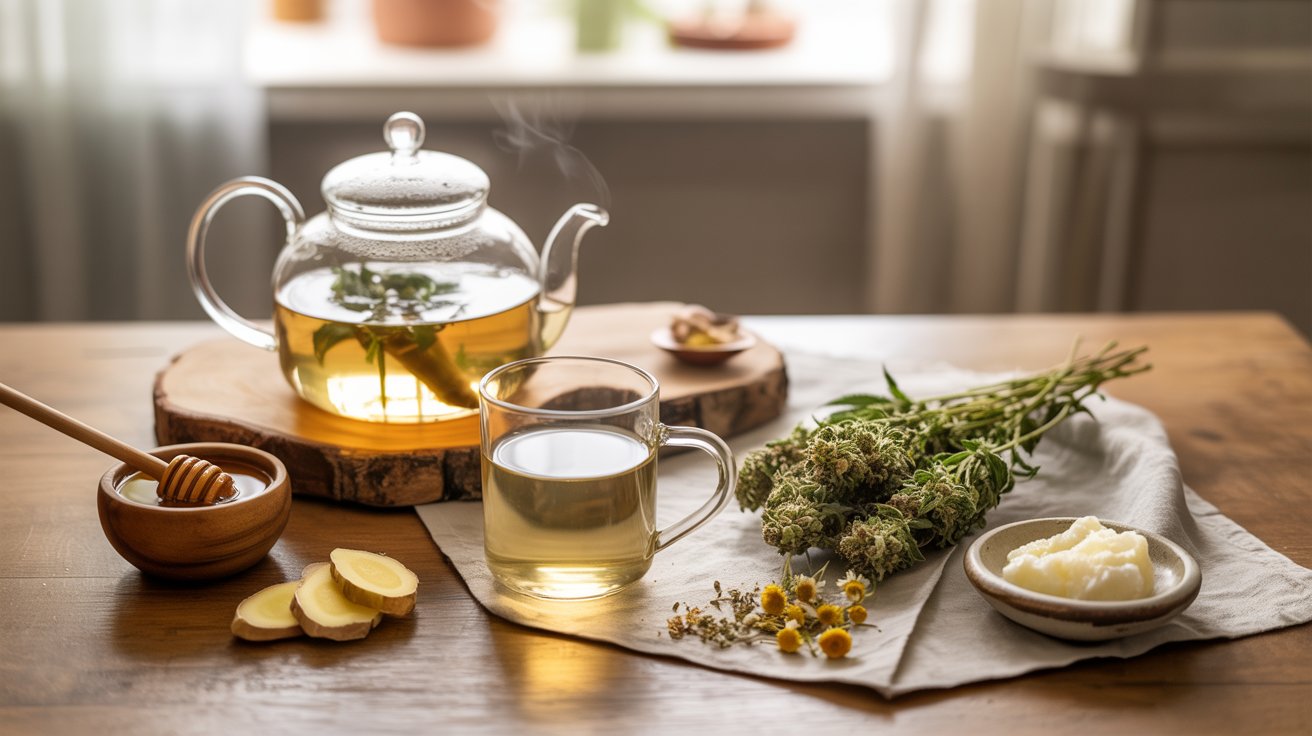 Cannabis stem herbal tea honey ginger coconut oil calming wellness kitchen warm aesthetic