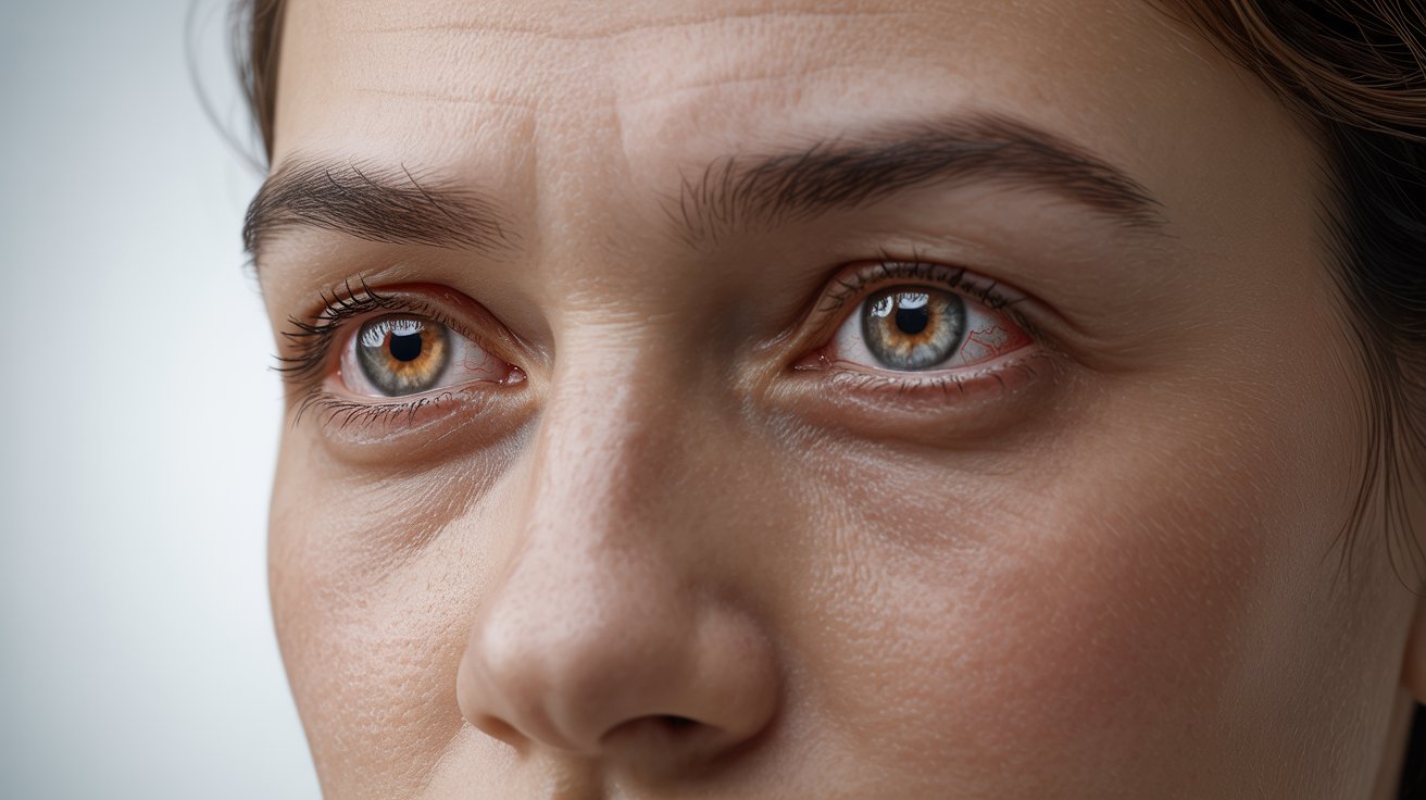 Realistic close-up of slightly red human eyes with soft lighting and natural facial details