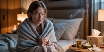 Alt text: person smoking cannabis while sick with cold symptoms cozy room tissues tea medicinal smoke atmosphere