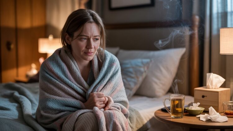 Alt text: person smoking cannabis while sick with cold symptoms cozy room tissues tea medicinal smoke atmosphere