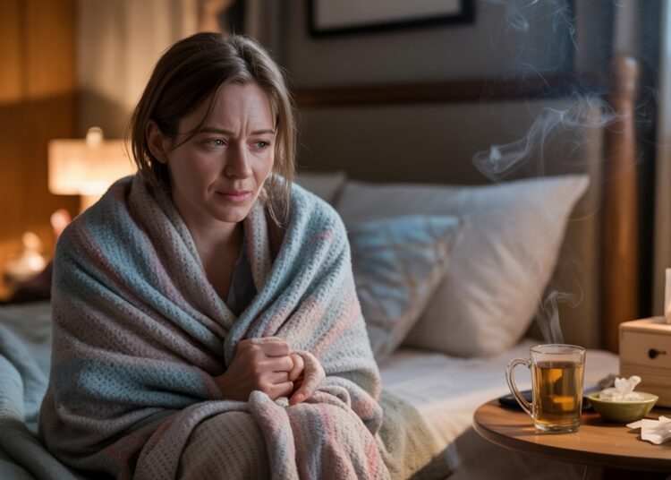 Alt text: person smoking cannabis while sick with cold symptoms cozy room tissues tea medicinal smoke atmosphere