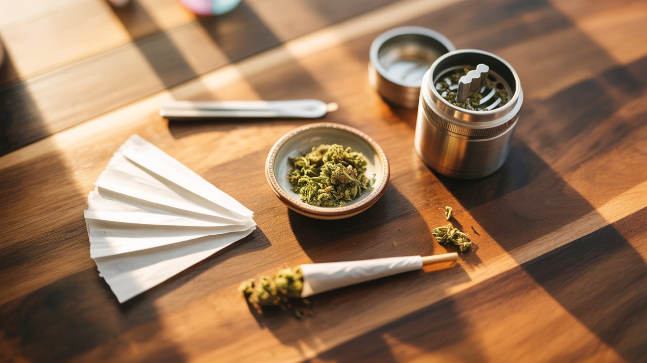 "Joint rolling essentials including rolling papers, grinder, cannabis, and packing tool prepared on a table for rolling without a filter."