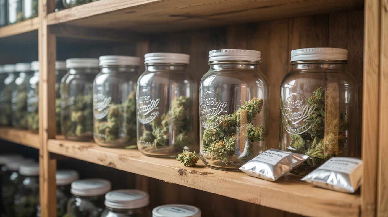 "Airtight mason jars used for long-term weed storage to preserve cannabis freshness, potency, aroma, and terpene quality."