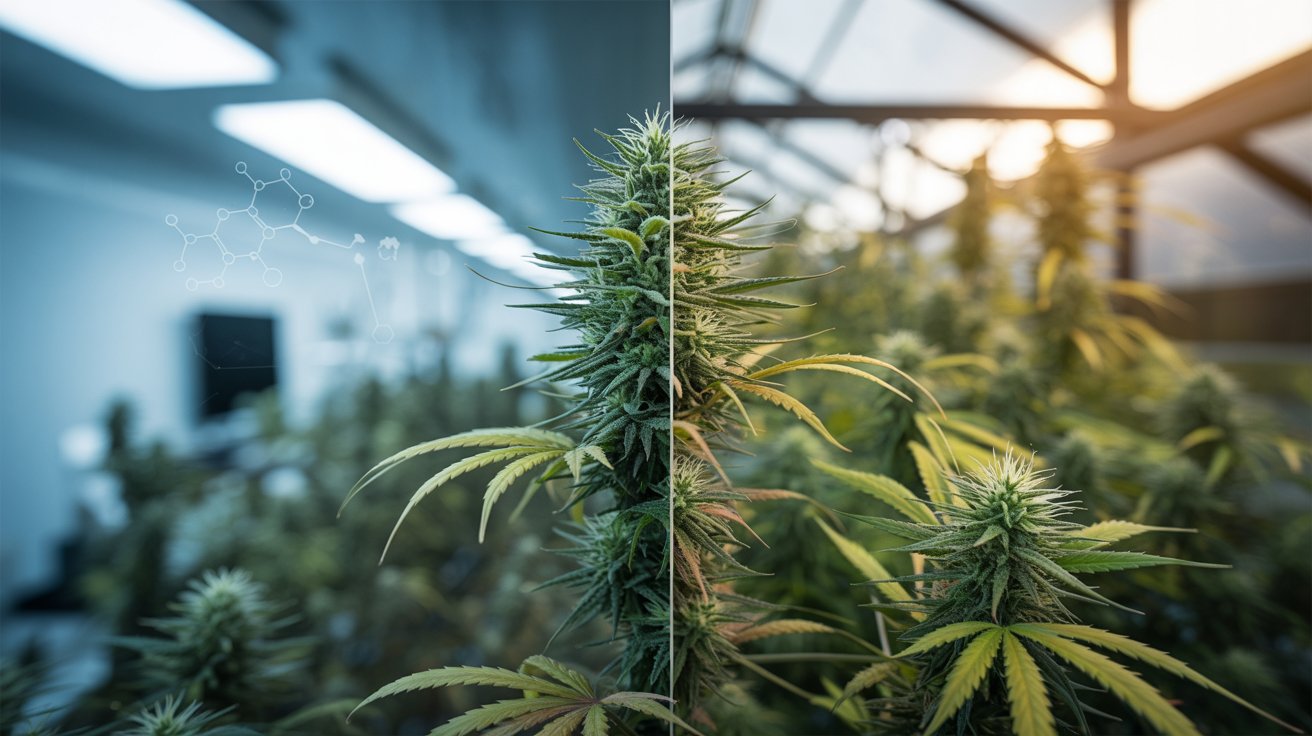 Concept image showing cannabis safety concerns with chemical exposure and natural bud comparison visual contrast