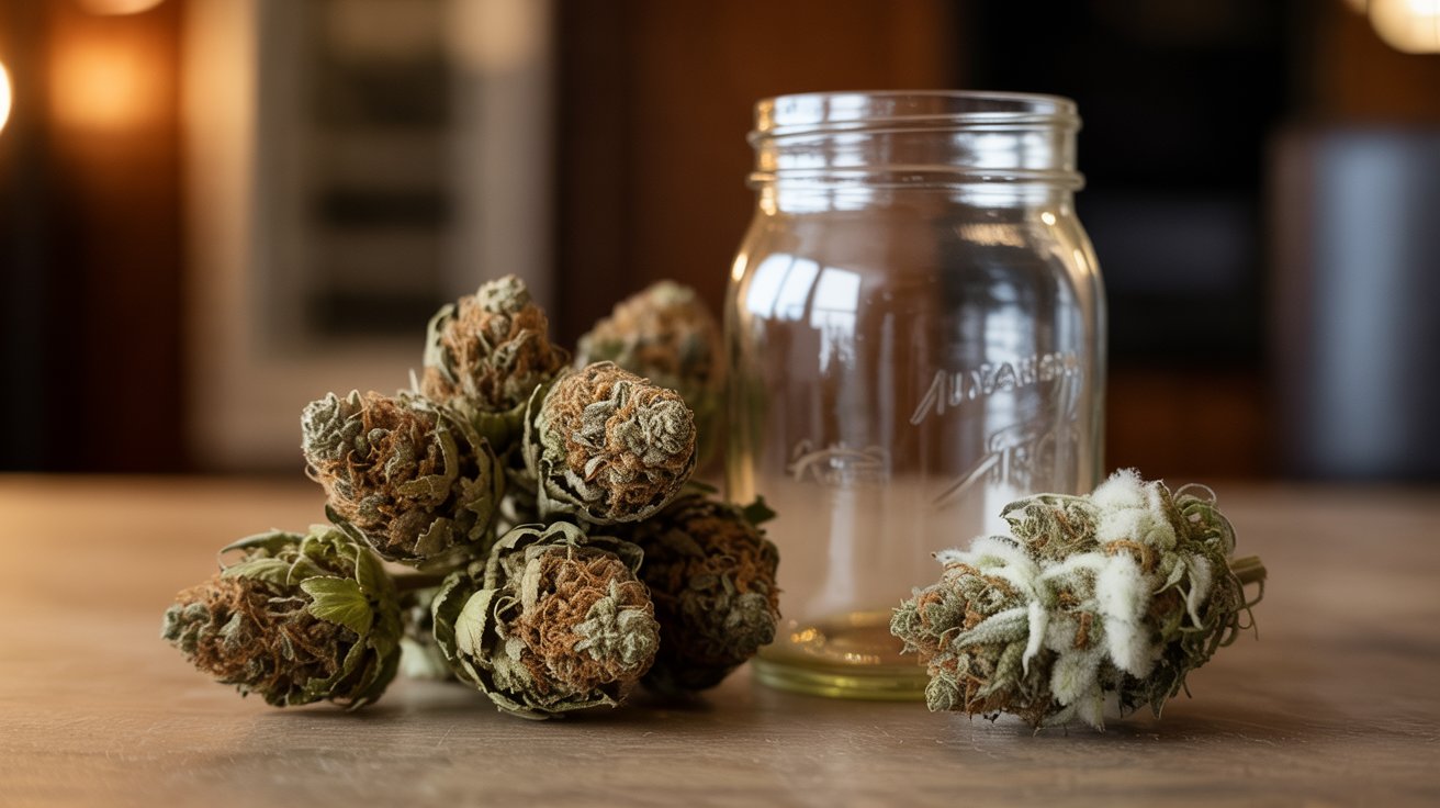 "Old cannabis buds beside moldy weed showing the difference between aged usable cannabis and spoiled weed."