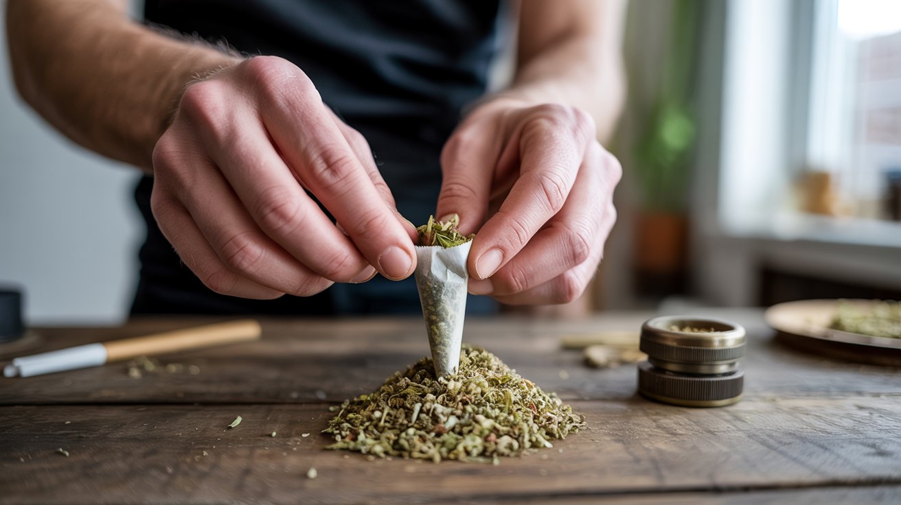 Close-up of hands preparing a pre-rolled cone with finely ground herbal blend and grinder on a wooden surface with soft lighting