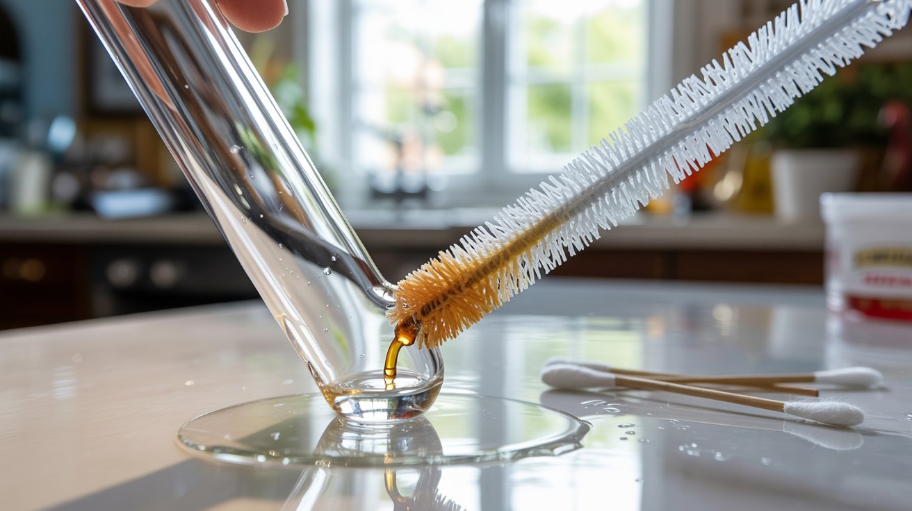 "Close-up of a pipe cleaner dipped in alcohol being used inside a glass pipe stem to remove residue from narrow curved areas during detailed cleaning"