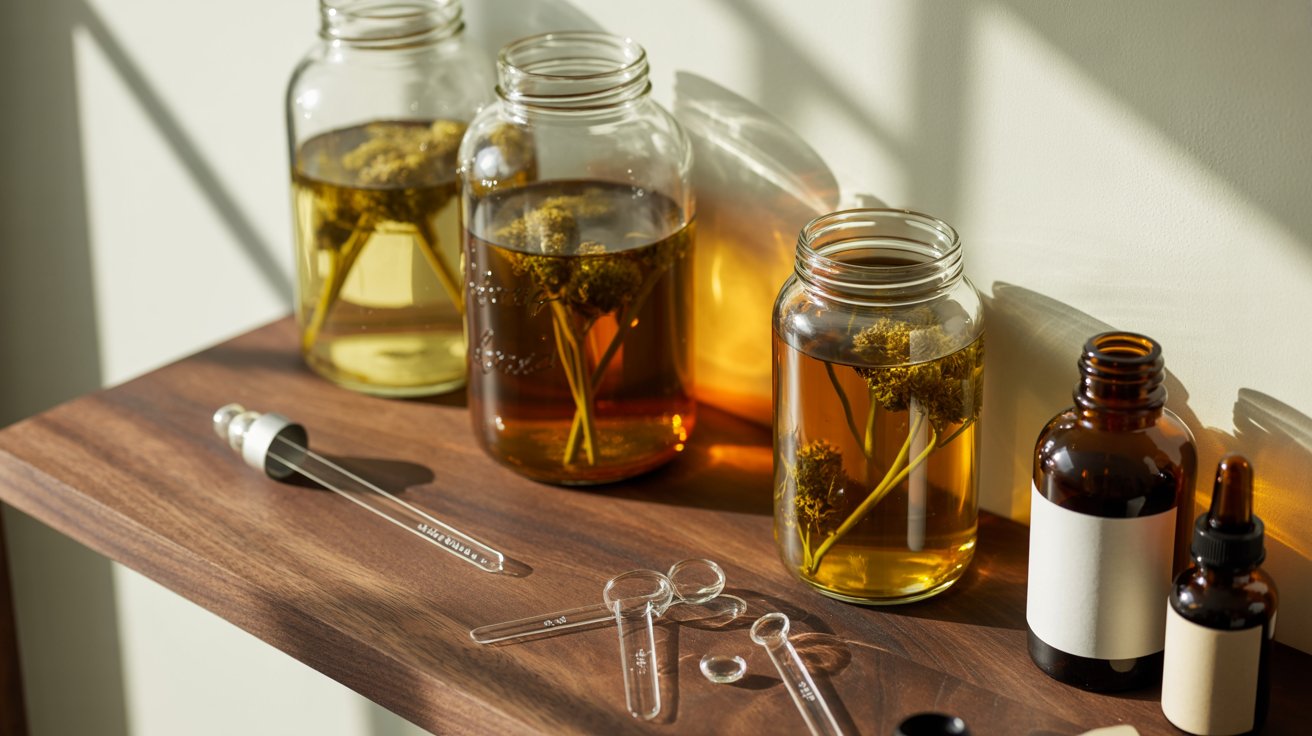 Cannabis stems tincture jars alcohol glycerin dropper bottles herbal apothecary craft setup