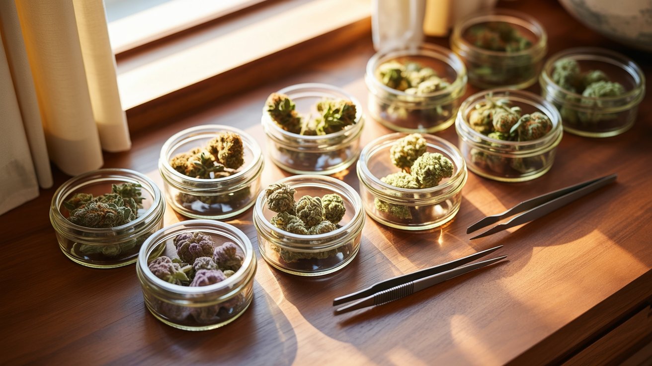 "Different cannabis strains stored separately in airtight glass jars with careful handling to preserve terpene profiles and potency."