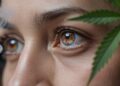Bloodshot eyes with visible red veins and soft cannabis smoke in cinematic close-up lighting scene