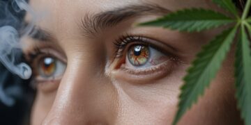 Bloodshot eyes with visible red veins and soft cannabis smoke in cinematic close-up lighting scene