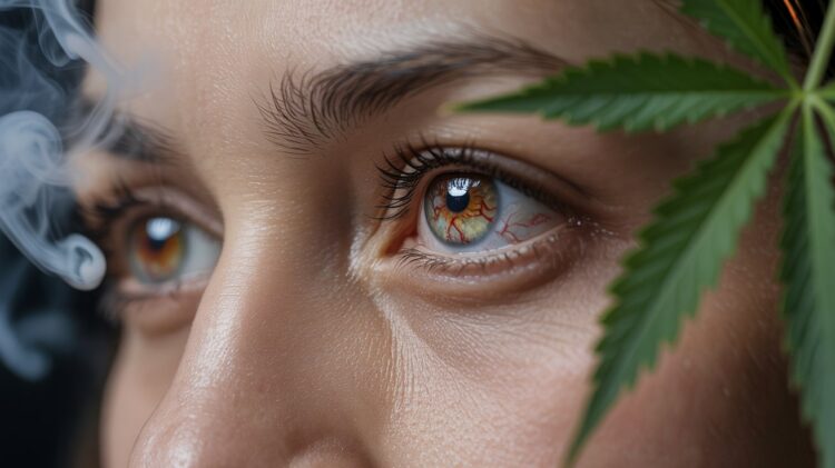 Bloodshot eyes with visible red veins and soft cannabis smoke in cinematic close-up lighting scene