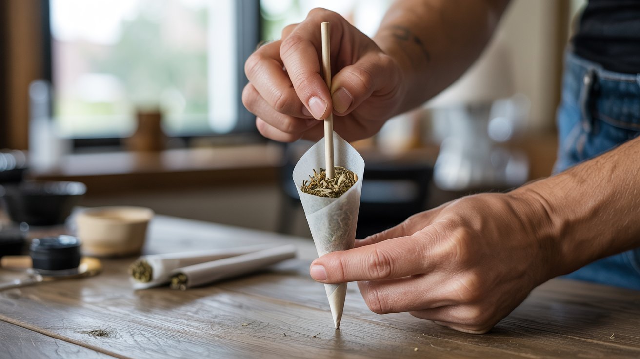 "Close-up of hands using a small tool to gently pack a pre-rolled cone filled with herbal blend on a wooden table under soft natural light"