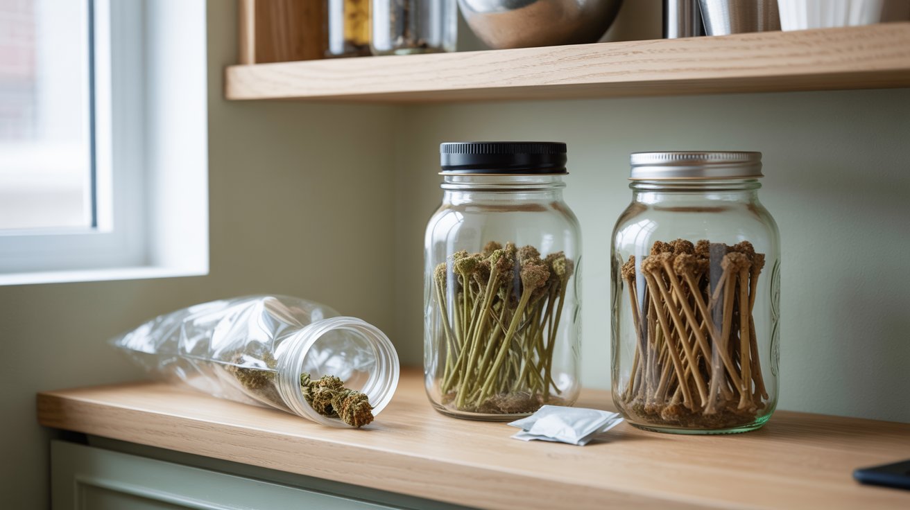 Cannabis stems glass jars airtight storage dry cool shelf comparison plastic bag moisture free organization