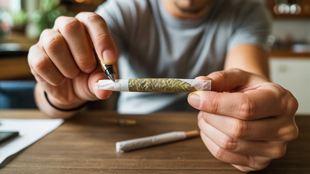"Hands sealing and packing the open end of a freshly rolled filterless joint for an even and firm finish."