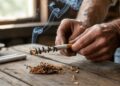 "Close-up of image of a hand-rolled cigarette burning unevenly with one side racing ahead, demonstrating canoeing effect and smoke in natural lighting"