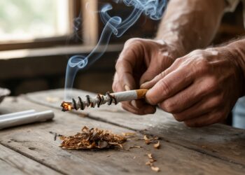 "Close-up of image of a hand-rolled cigarette burning unevenly with one side racing ahead, demonstrating canoeing effect and smoke in natural lighting"