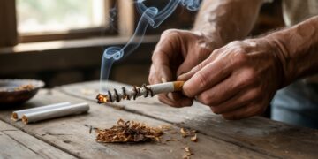 "Close-up of image of a hand-rolled cigarette burning unevenly with one side racing ahead, demonstrating canoeing effect and smoke in natural lighting"