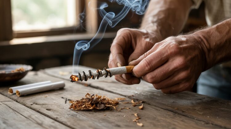 "Close-up of image of a hand-rolled cigarette burning unevenly with one side racing ahead, demonstrating canoeing effect and smoke in natural lighting"
