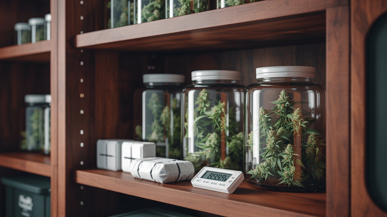 Cannabis buds stored in airtight glass jars inside dark cupboard with humidity control for freshness
