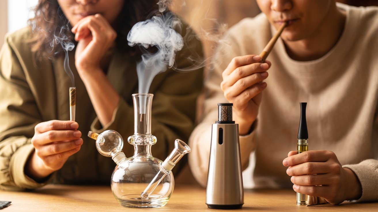 Beginner-friendly cannabis inhalation methods showing joint bong pipe and vaporizer use in cozy indoor setting