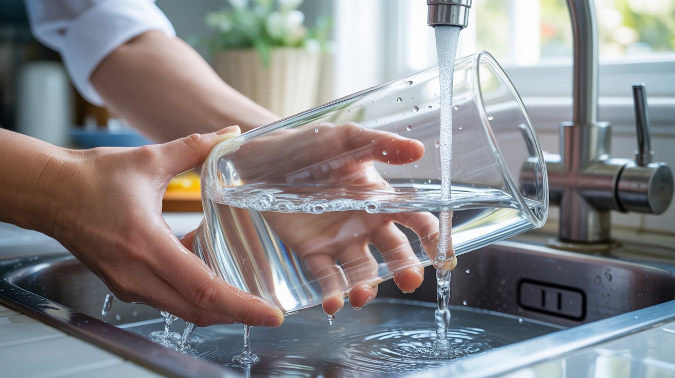 "Close-up of a glass pipe being rinsed under running water in a kitchen sink with visible residue dissolving and clear reflections on wet glass during cleaning"