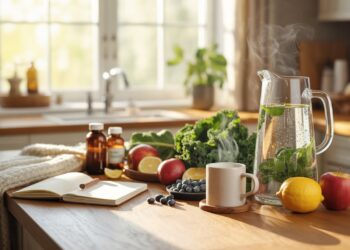 "Healthy home detox setup with water, herbal tea, fruits, and wellness items for cannabis recovery."