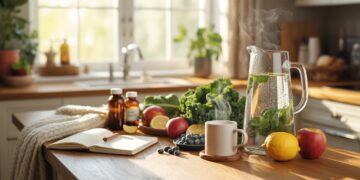 "Healthy home detox setup with water, herbal tea, fruits, and wellness items for cannabis recovery."