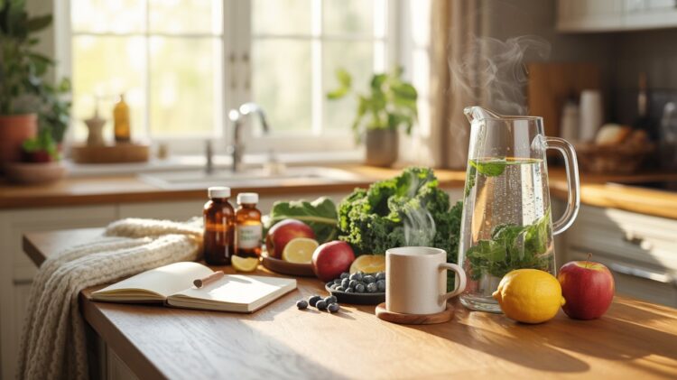 "Healthy home detox setup with water, herbal tea, fruits, and wellness items for cannabis recovery."