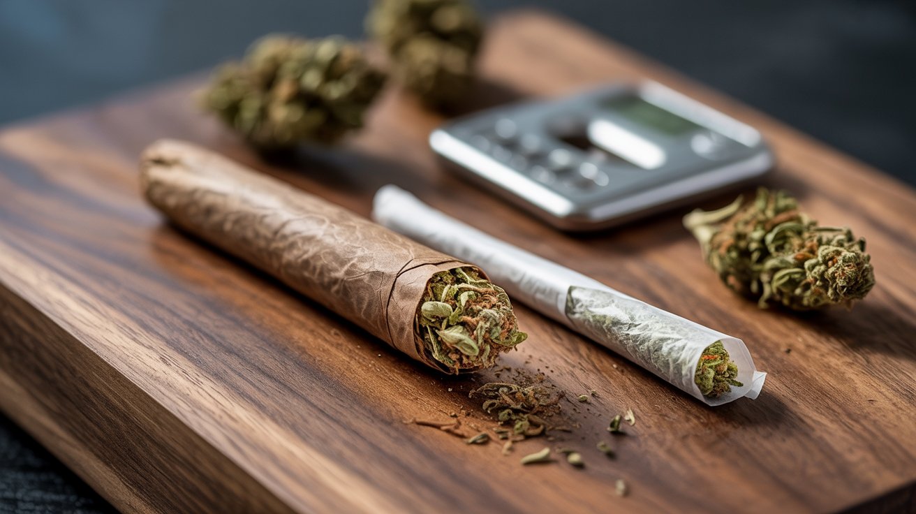 Side by side blunt and joint comparison with cannabis buds rolling setup cinematic wooden table