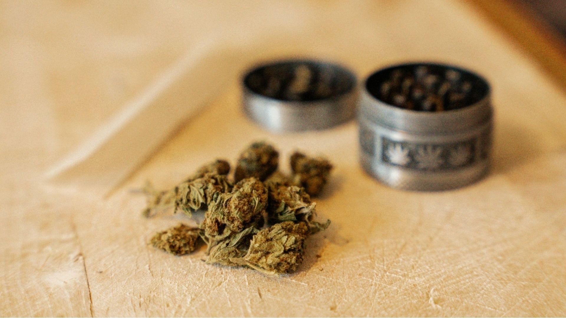 Dried cannabis buds and metal grinder on wood surface, representing preparation before smoking and potential anxiety triggers.