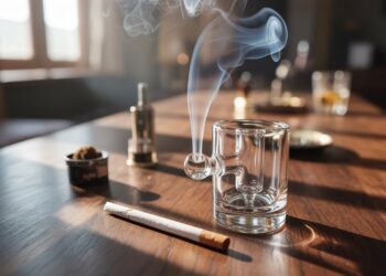 "Glass bong and smoking joint with rising smoke on a wooden table, illustrating cannabis smoking methods and lung health discussion."