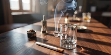 "Glass bong and smoking joint with rising smoke on a wooden table, illustrating cannabis smoking methods and lung health discussion."