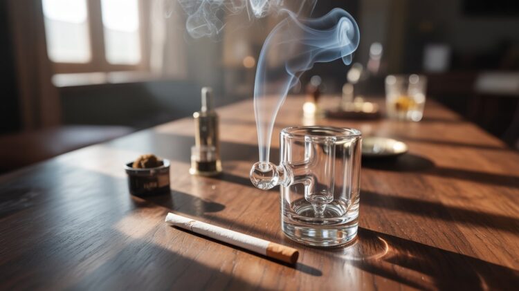 "Glass bong and smoking joint with rising smoke on a wooden table, illustrating cannabis smoking methods and lung health discussion."