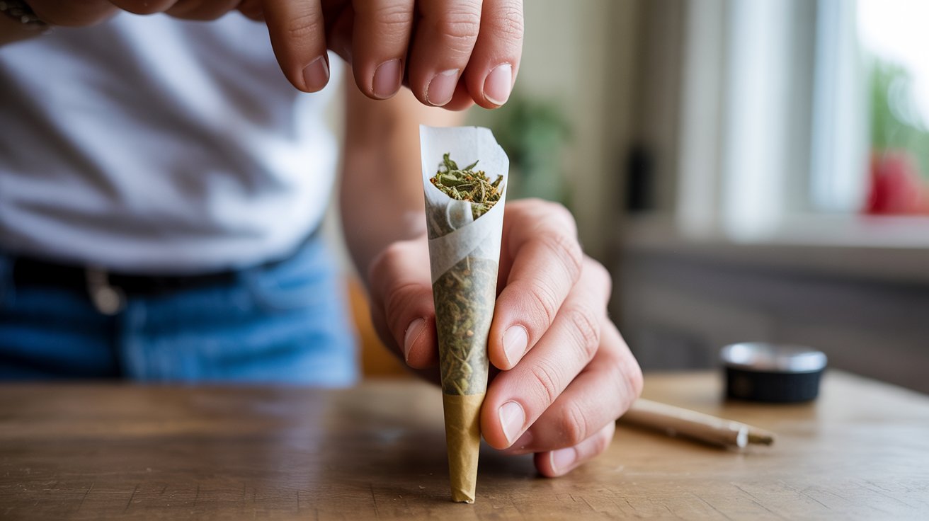 "Close-up of hands gently tapping a partially filled pre-rolled cone on a wooden table to settle the herbal blend evenly under soft light"