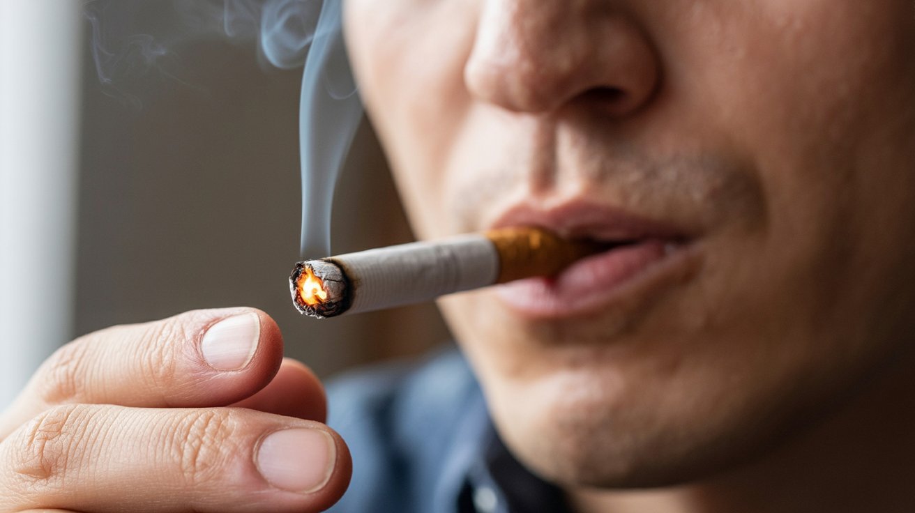 "Macro image of a hand-rolled cigarette being gently adjusted while smoking, showing an uneven burn being corrected with smoke and cinematic lighting"