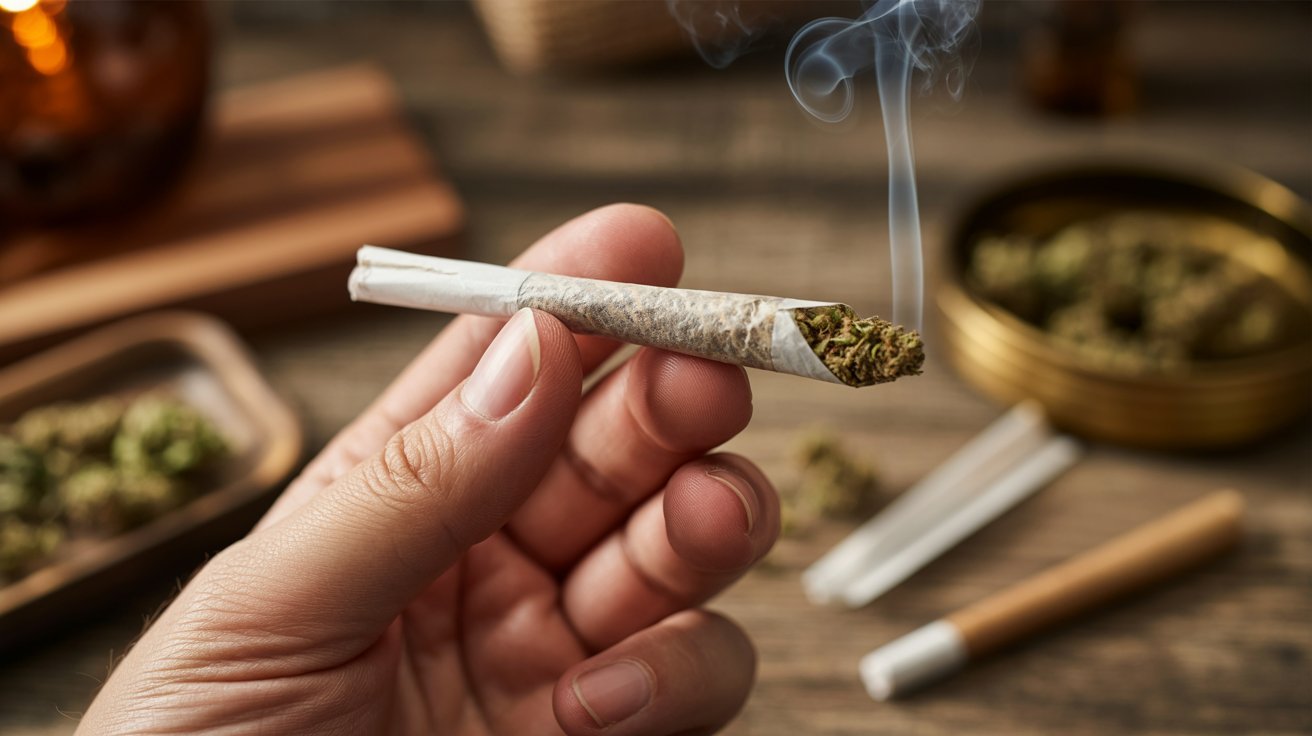 "Close-up of a realistic filterless cannabis joint with visible open paper end and loose cannabis on a rolling surface."