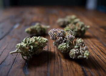 "Close-up of suspicious cannabis buds with signs of possible contamination on a dark table."