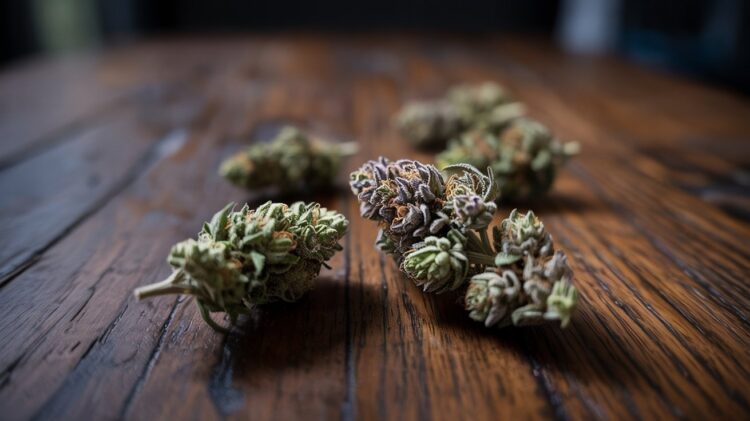"Close-up of suspicious cannabis buds with signs of possible contamination on a dark table."