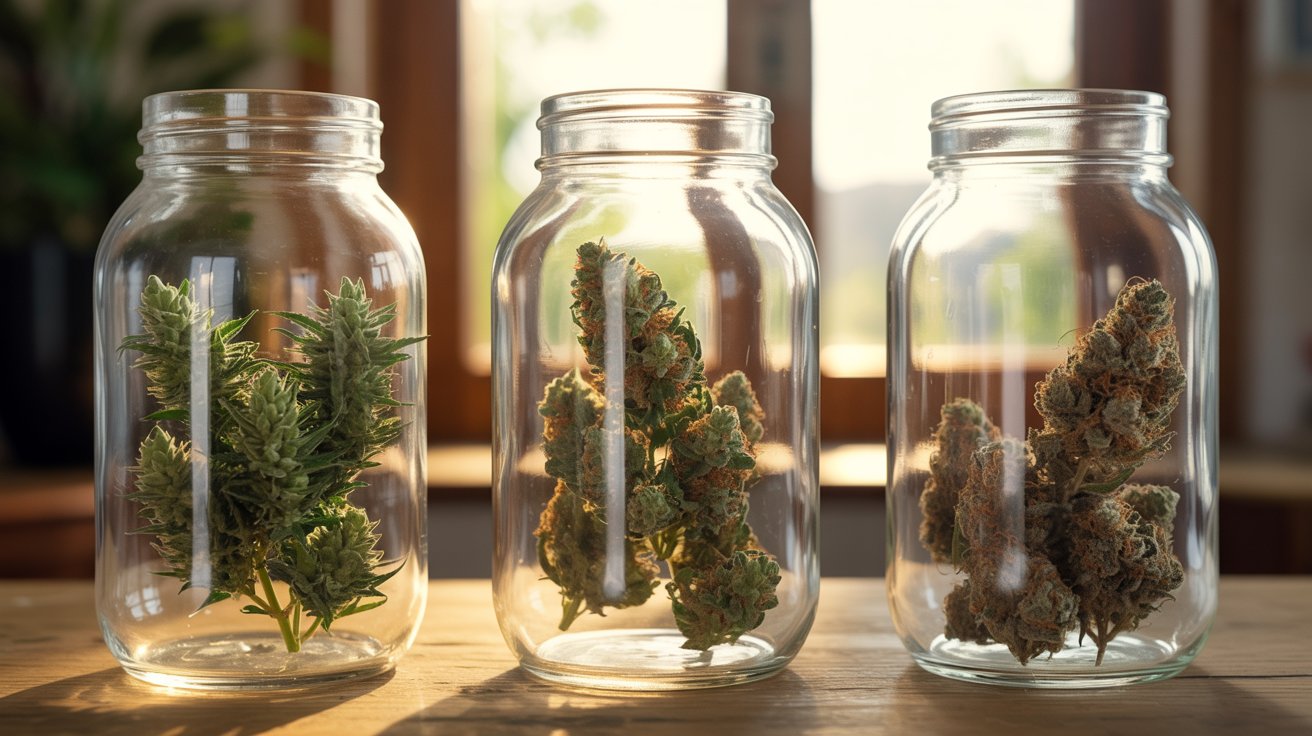 "Cannabis buds in different aging stages from fresh to old showing changes in color, texture, and quality over time."