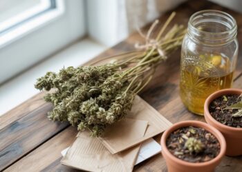 Flat lay of cannabis stems repurposed into crafts tea compost eco friendly arrangement natural lighting