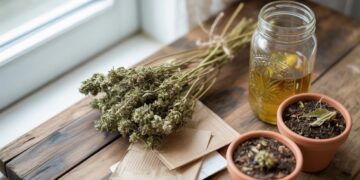 Flat lay of cannabis stems repurposed into crafts tea compost eco friendly arrangement natural lighting