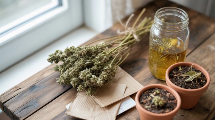 Flat lay of cannabis stems repurposed into crafts tea compost eco friendly arrangement natural lighting